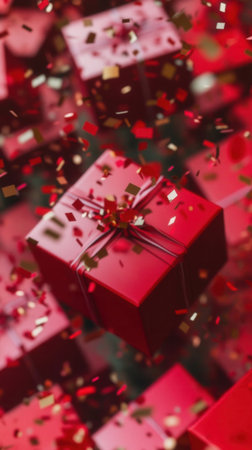 Shiny gift boxes in vibrant red are surrounded by sparkling confetti creating a joyful and festive mood for New Year celebrations.の素材