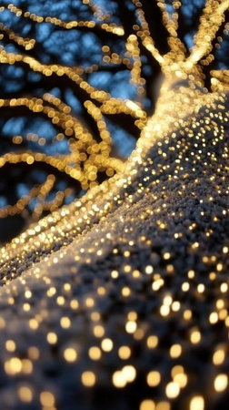 Soft snow blankets the ground illuminated by a blur of warm lights. The scene captures a festive mood with glowing decorations among trees at twilight.の素材