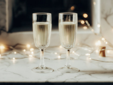 Champagne glasses are clinking together to celebrate New Year's Eve set against a backdrop of soft shimmering lights that enhance the festive mood.の素材