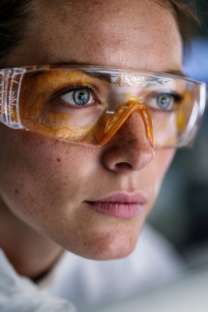 A person wearing protective glasses is deeply focused on a task in a laboratory. The reflections in the glasses show their concentration and surroundings.の素材