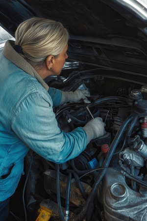 A male mechanic inspects and repairs the engine of a car. He is focused on his task dressed in work clothes with tools nearby in a well-lit garage.の素材