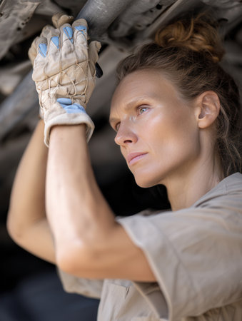 female auto mechanic examines the underside of a vehicle in a well-lit garage showcasing her expertise and concentration on the task at hand.の素材