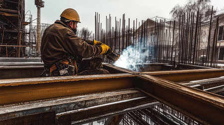 A welder works on a construction site fusing steel beams together. Ice covers the ground emphasizing the winter setting. Smoke rises from the welding equipment.の素材
