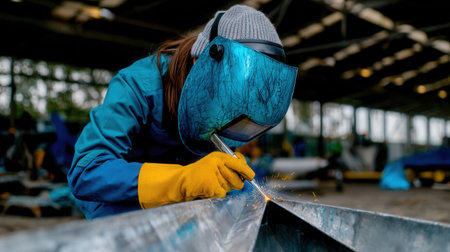 A skilled female welder in protective gear concentrates on welding a metal piece inside a workshop. Sparks fly as she uses her tools diligently to create a strong bond.の素材