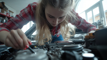 A female auto mechanic focuses intently on repairing a car engine in a busy workshop. Tools are scattered around her as she examines the intricate parts.の素材