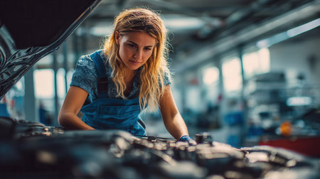 A skilled female car mechanic inspects the engine under the hood of a vehicle bustling workshop showing her dedication and expertise in automotive repair.の素材