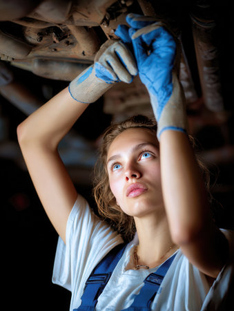 A skilled female auto mechanic with blue gloves repairs a vehicle beneath it in a tidy garage focusing intently on her task under bright lights.の素材