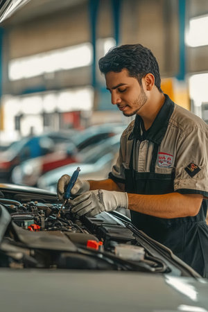 A skilled male auto mechanic carefully repairs a car engine in a busy repair shop filled with vehicles and tools in bright daylight.の素材