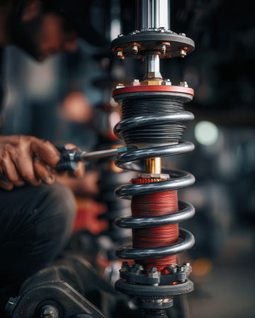 Mechanic works diligently on a car's suspension system in a busy workshop while adjusting components with precision to enhance vehicle stability and performance.の素材