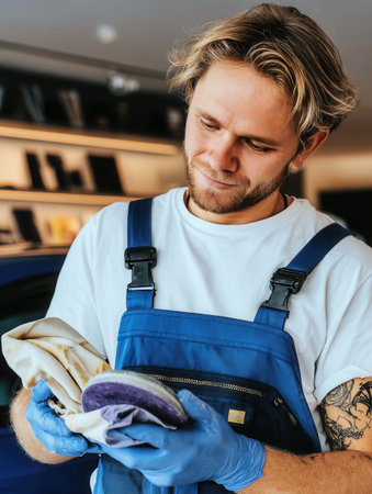 A sanding machine works on a wooden surface carefully smoothing it down as a worker observes the process ensuring quality in a well-lit workshop.の素材