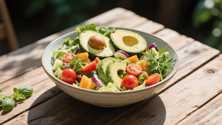 Fresh salad bowl with avocado, tomato, cucumber, pepper and herbsの素材