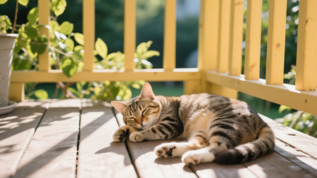Cute tabby cat lying on a wooden terrace in the gardenの素材