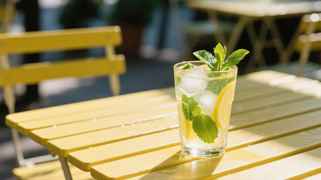 Mojito cocktail with lemon, mint and ice on wooden tableの素材