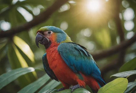 Beautiful macaw parrot sitting on the tree in the forestの素材
