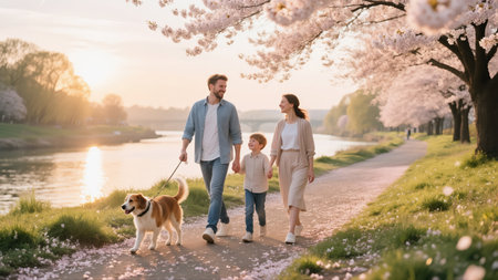 Happy family walking with a dog in a blooming park in springの素材