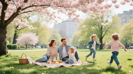 happy family with kids having picnic in park under cherry blossom treeの素材