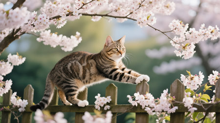 Cute tabby cat standing on a fence with cherry blossomsの素材