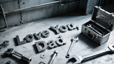 Close-up shot captures the touching message 'Love You, Dad' spelled out in sturdy metal letters. The setting is a workshop, complete with a toolbox and various tools scattered around on a concrete surface, creating a heartfelt tribute to fatherhood. AI generated.の素材