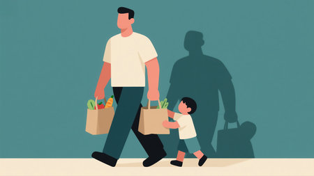 Illustration of a father and son returning home after a grocery shopping trip. The father carries the paper bags filled with fresh groceries, while the son walks beside him holding onto one of the bags. A shadow on the wall shows their silhouettes as they walk together. AI generated.の素材