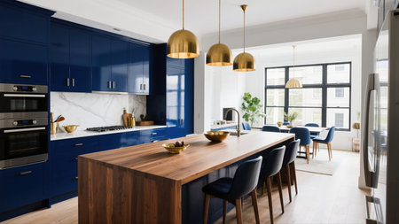A beautifully designed kitchen featuring striking blue cabinets, a warm wood island, and sophisticated gold accents. The open layout connects to a dining area with large windows, creating a bright and inviting atmosphere. This luxurious space is perfect for cooking and entertaining in style. AI generated.の素材