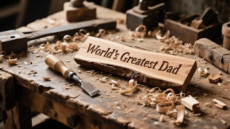 A close-up shot features a rustic wooden sign with the engraved inscription 'World's Greatest Dad', positioned on a weathered woodworking workbench. A sharp chisel lies nearby, accompanied by scattered wood shavings, emphasizing the handmade nature of the gift and the appreciation for fatherhood. AI generated.の素材