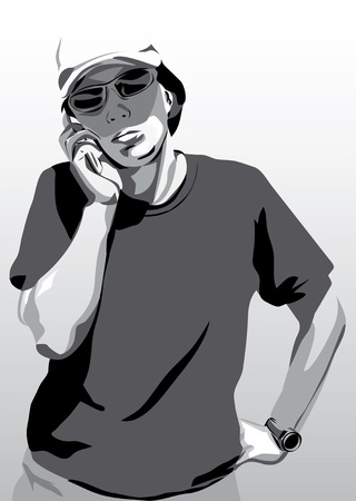 black and white image of person talking on a cell phoneのイラスト素材
