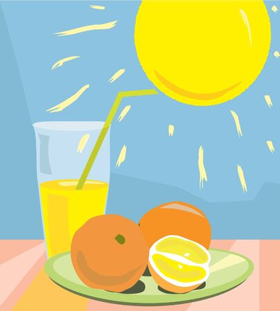 Still life with orange juice, sun and orangesのイラスト素材