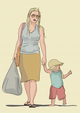 tired mom walking with her baby sonのイラスト素材