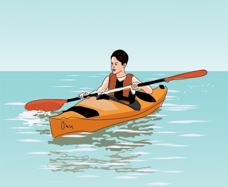 teenage boy floats on kayakのイラスト素材