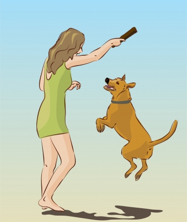 young girl playing with dogのイラスト素材