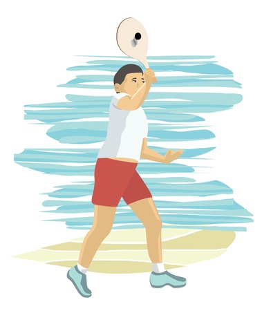 asian boy playing beach paddle tennisのイラスト素材