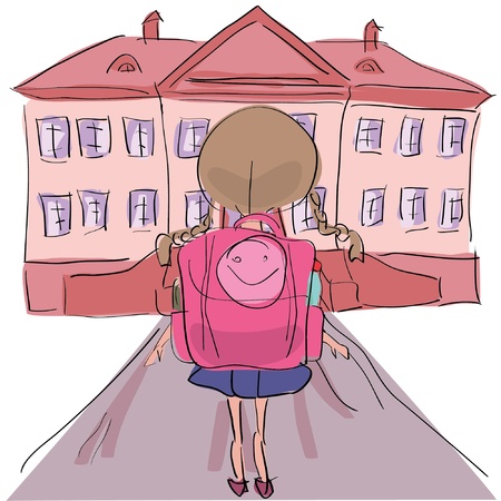 Little girl with big school bag standing towards school buildingのイラスト素材