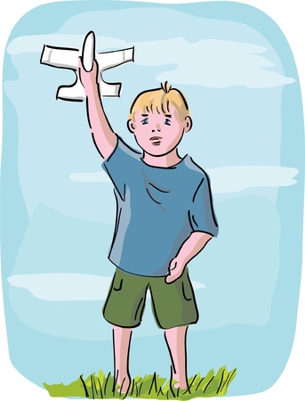 little boy playing with model airplaneのイラスト素材