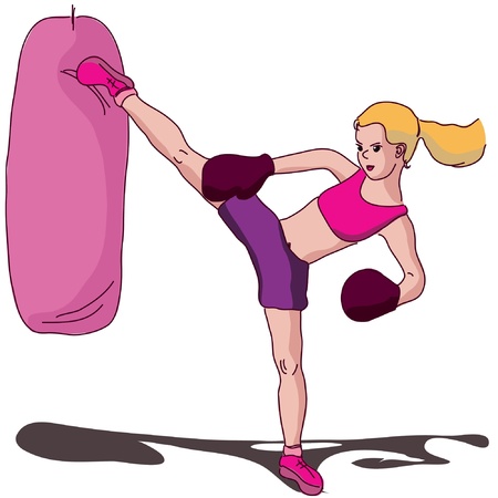 young girl kicking punching bagのイラスト素材