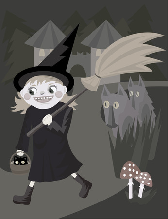 cartoon funny young witch walking with broomstickのイラスト素材