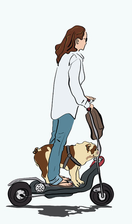 woman and dog on electric scooterのイラスト素材