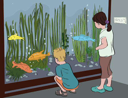 kids watching aquarium at museum - realistic illustrationのイラスト素材