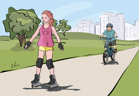 kids walking at the parkのイラスト素材