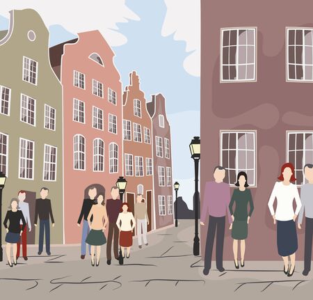 Europe old city street with people - colorful vector illustrationのイラスト素材