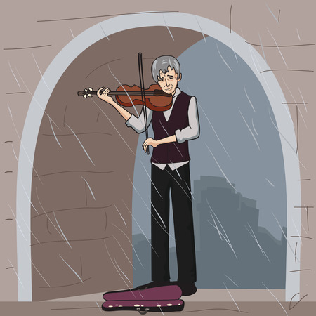 old street musician playing violin - colorful vector illustrationのイラスト素材