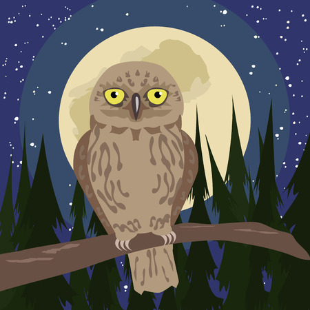 cartoon illustration of the owl sitting at woods under full moonのイラスト素材