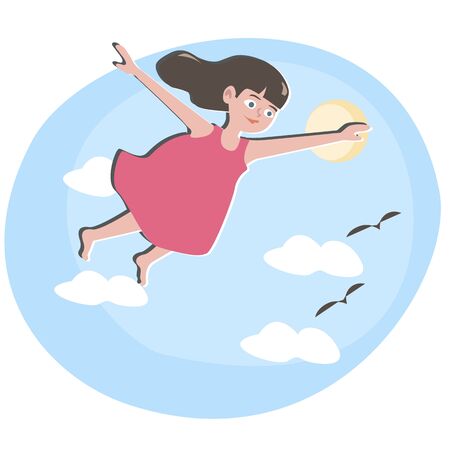 small girl flying in blue sky - cute cartoon illustrationのイラスト素材