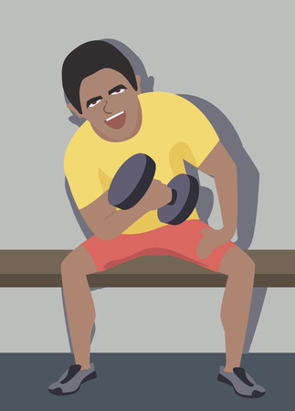 man working with dumbbell - funny cartoon illustrationのイラスト素材