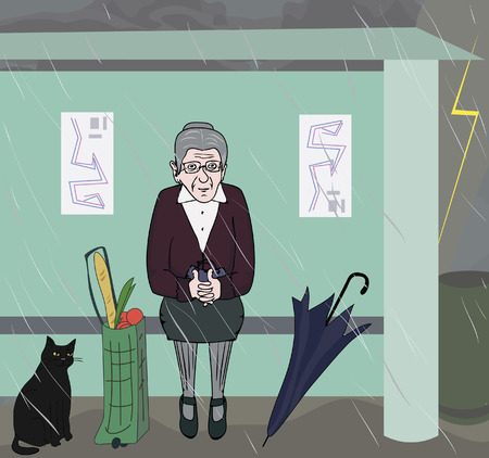 humorous cartoon image of old woman waiting at bus stopのイラスト素材