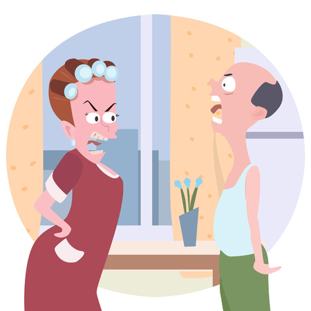 family conflict cartoon  - comic illustration of wife and husband quarreling at homeのイラスト素材