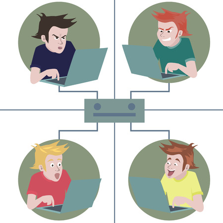 social network cartoon - funny illustration of groupe of emotional people connected with netのイラスト素材