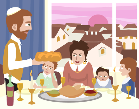 Kabbalat Shabbat, family night meal - colorful vector cartoon illustrationのイラスト素材