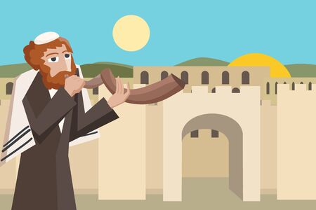 jew blowing the shofar at jerusalim old city  - colorful vector cartoon illustrationのイラスト素材