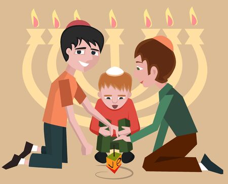 jewish kids with spinning top, hanukkah symbol - vector cartoon illustrationのイラスト素材