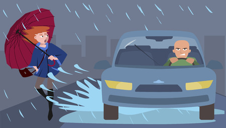 car splashes pedestrian, illustration of discourtesyのイラスト素材